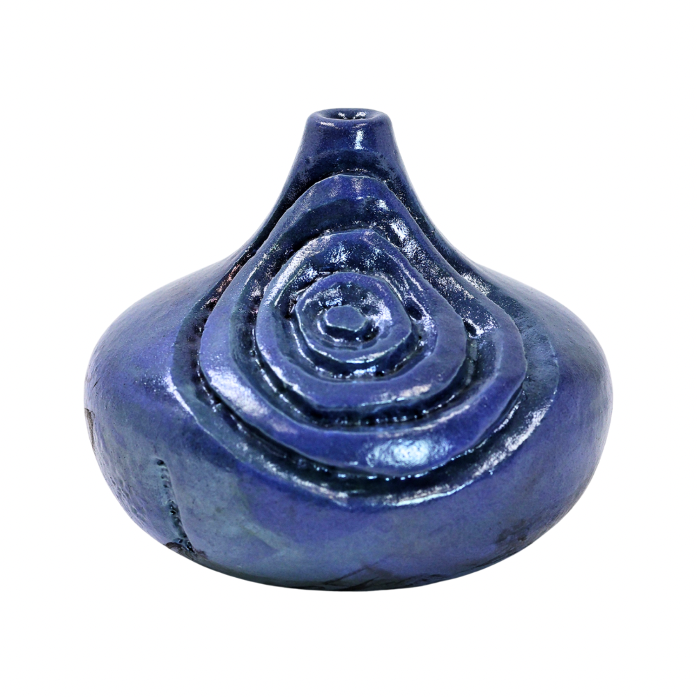 Raku Vase. Short, Blue Spiral