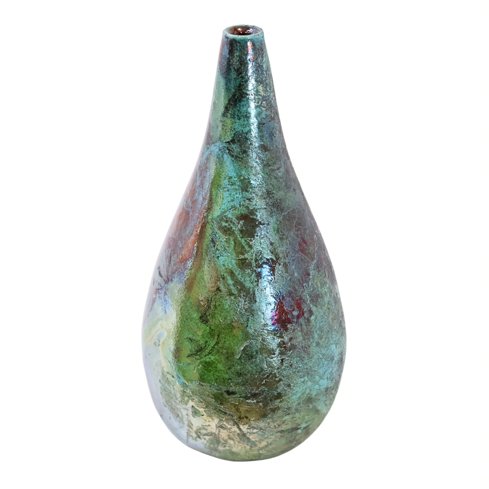 Raku Vase. Large, Green/Iridescent