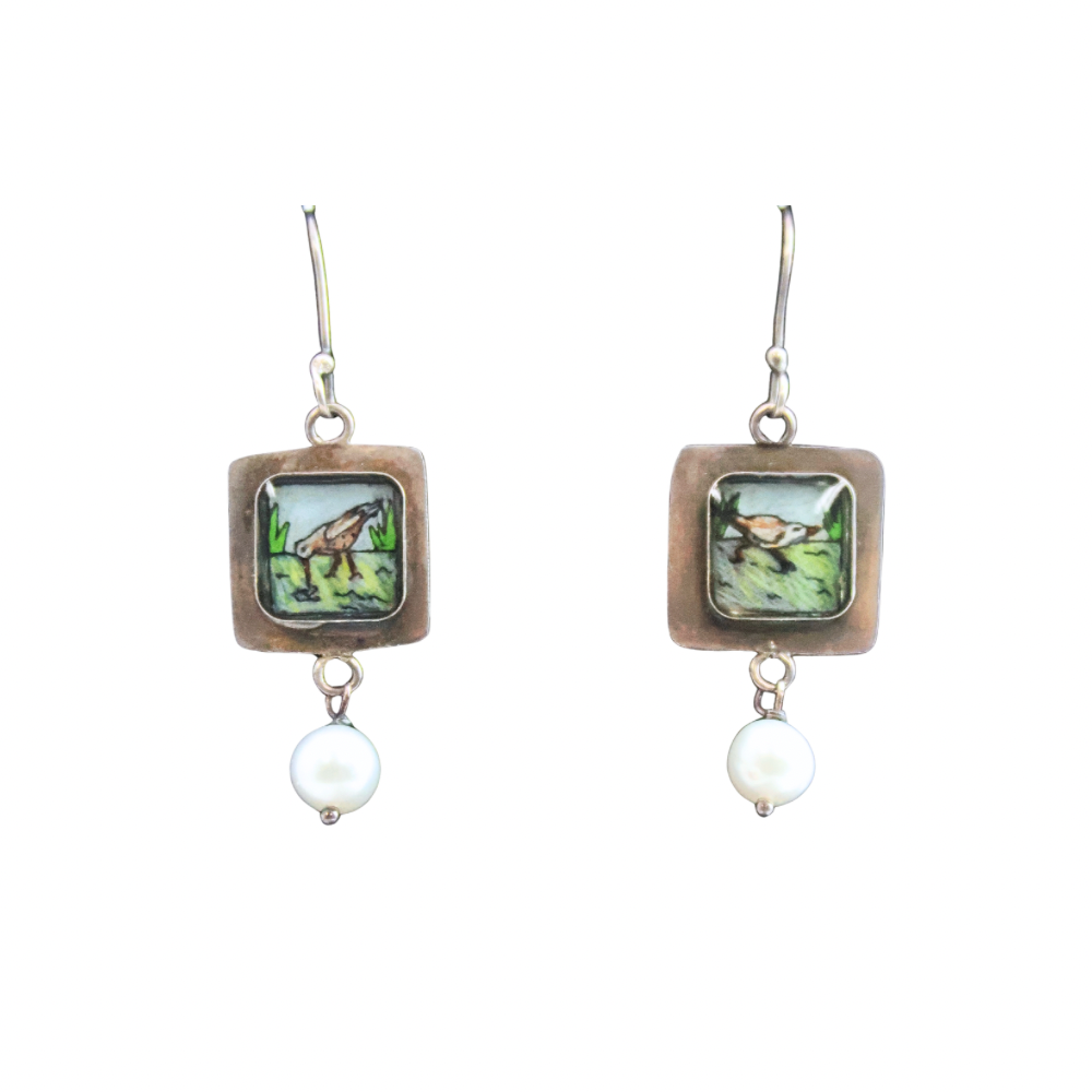 Pearl Grass Bird Earrings