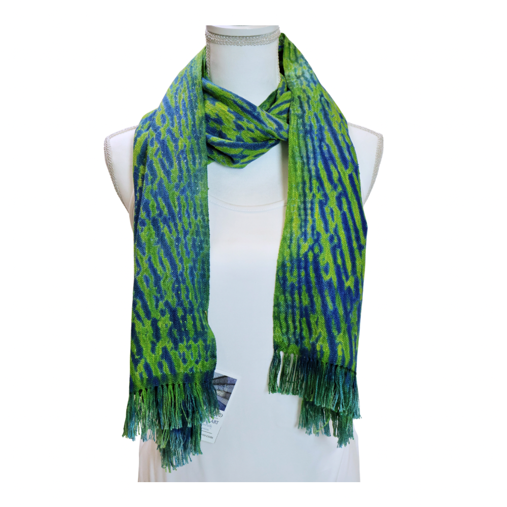 Woven Shibori Scarf 100% Silk - Blu/Grn
