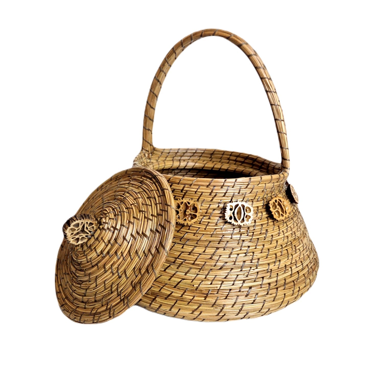 Walnut Rimmed Handled Basket w/ Lid