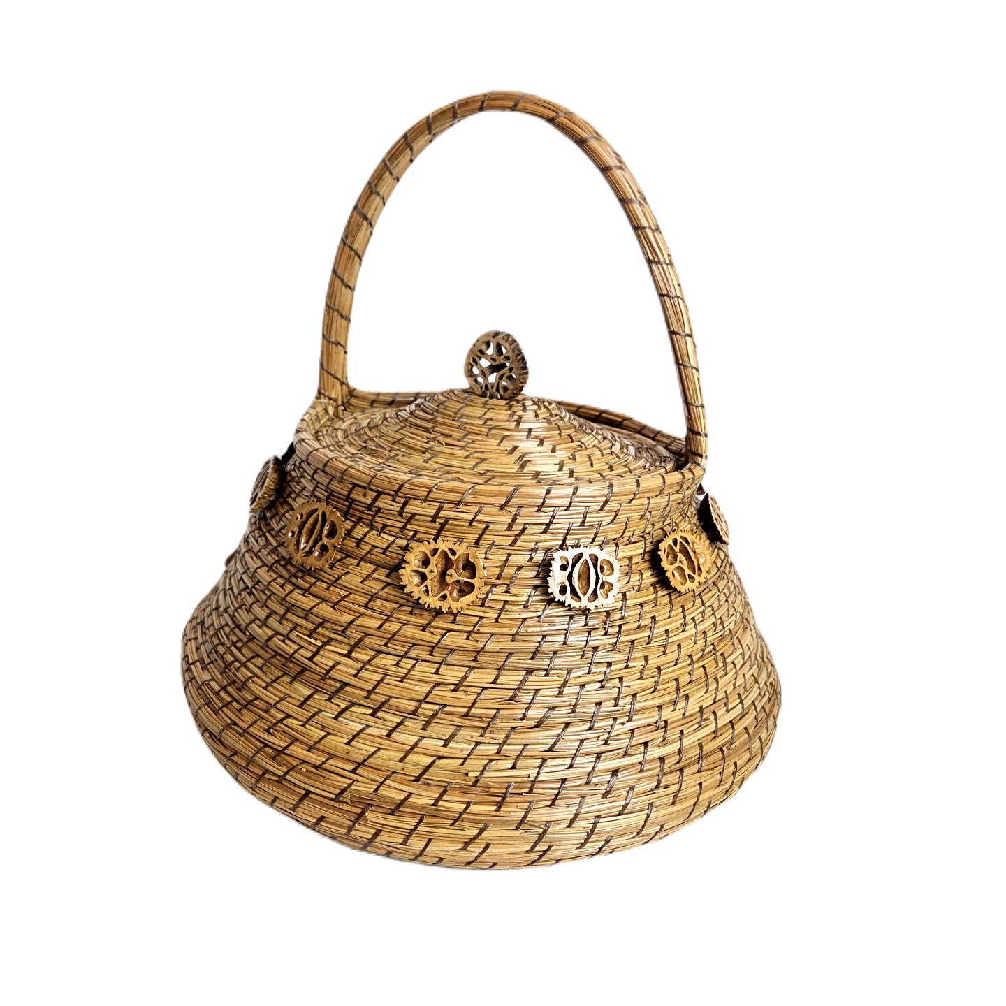 Walnut Rimmed Handled Basket w/ Lid