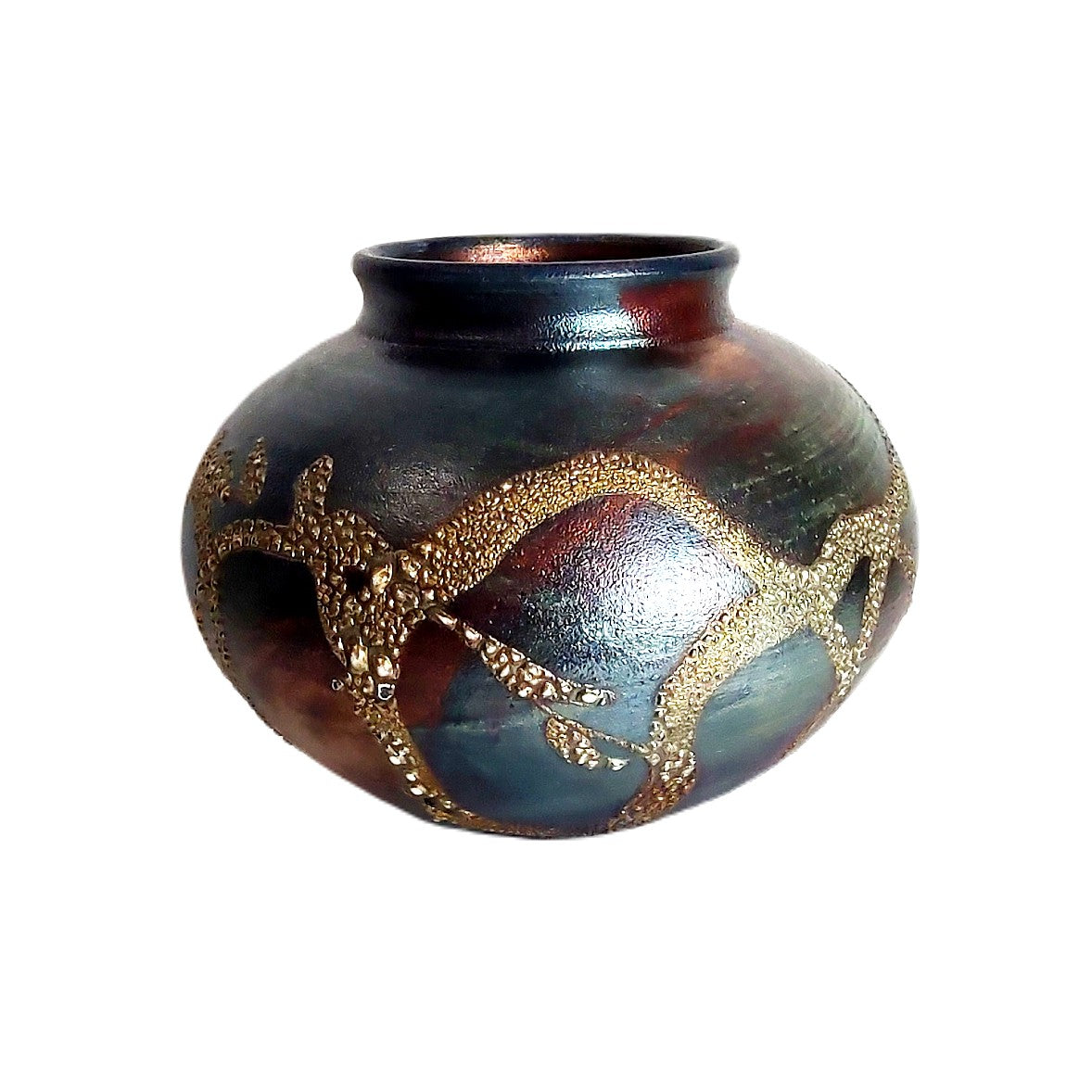 Raku Vase-Copper Dolphin Blue