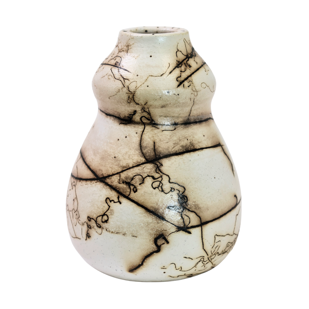Raku Vase. Small, White/Textured (Horse Hair)