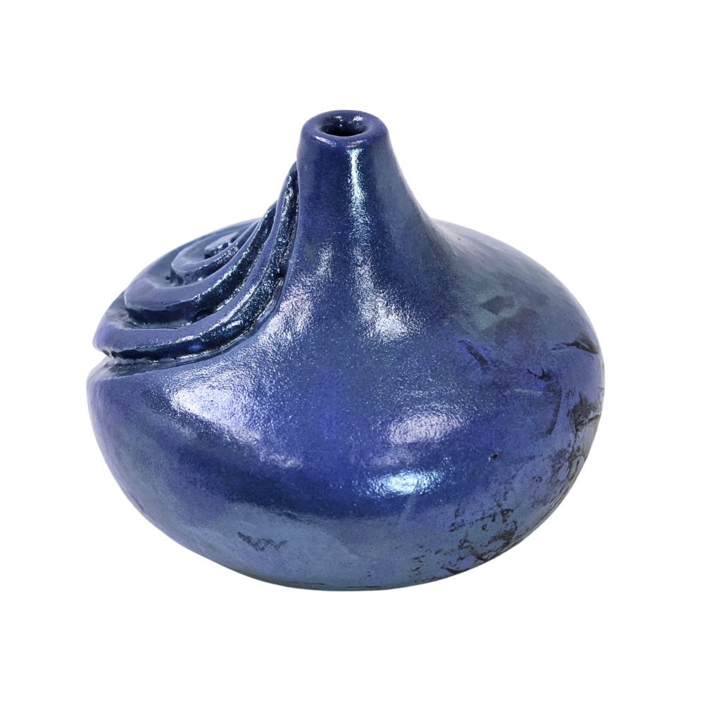 Raku Vase. Short, Blue Spiral