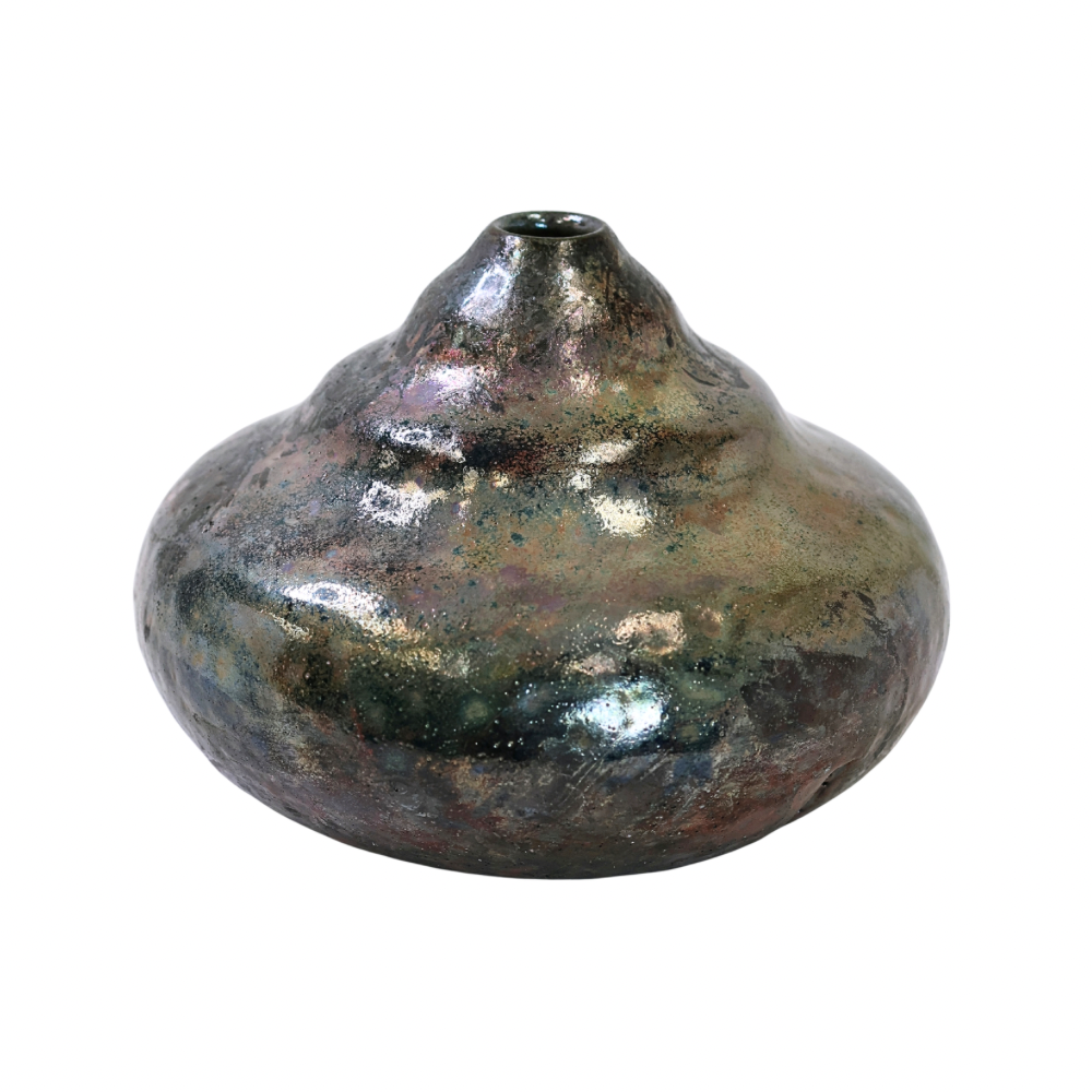 Raku Vase. Short, Black/Iridescent