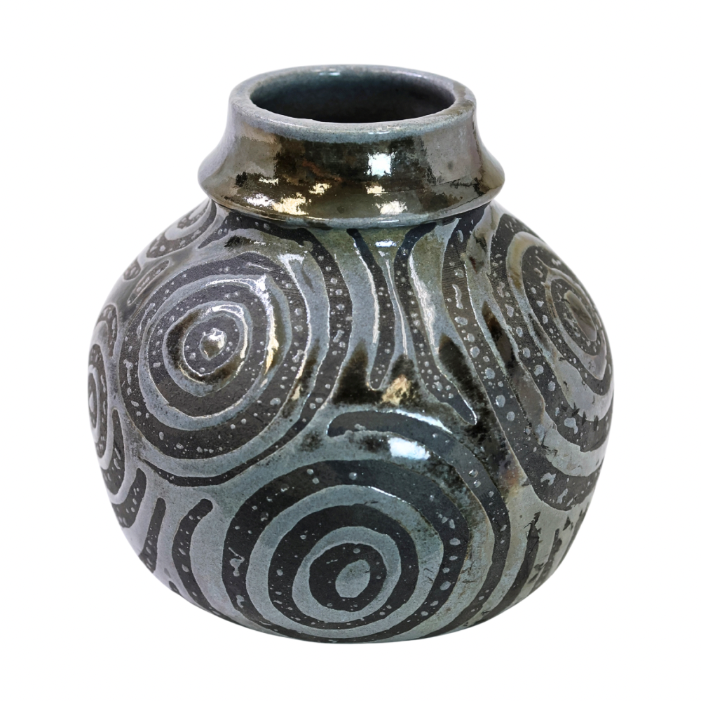 Raku Vase. Small, Gray Spirals
