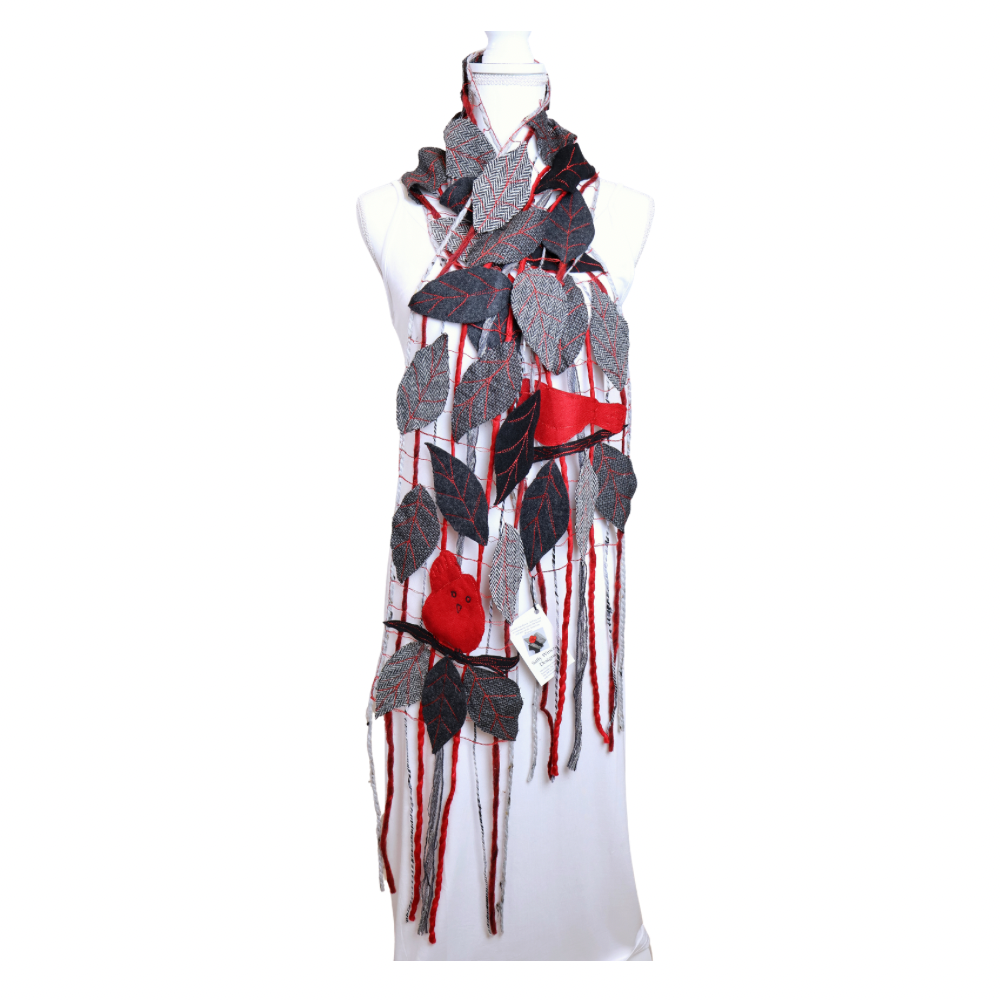 Scarf. Black & Gray with Red Birds