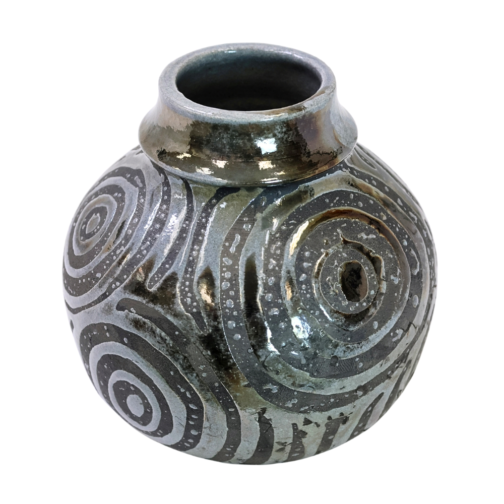 Raku Vase. Small, Gray Spirals