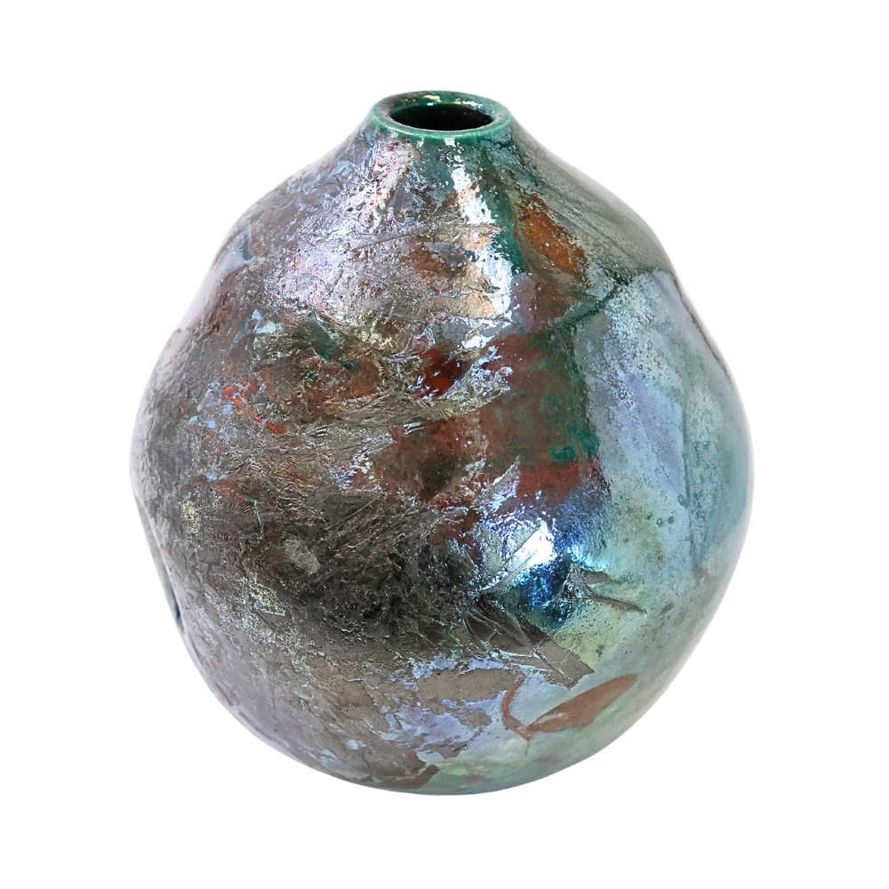 Raku Vase. Medium, Green/Iridescent