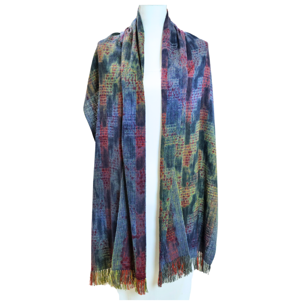 Woven Shibori Wrap - Deep Blues Reds