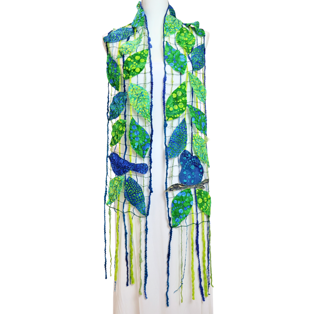 Scarf. Green Leaves/Blue Birds