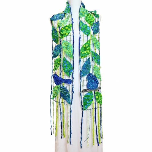 Scarf. Green Leaves/Blue Birds