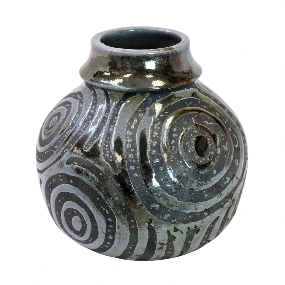 Raku Vase. Small, Gray Spirals