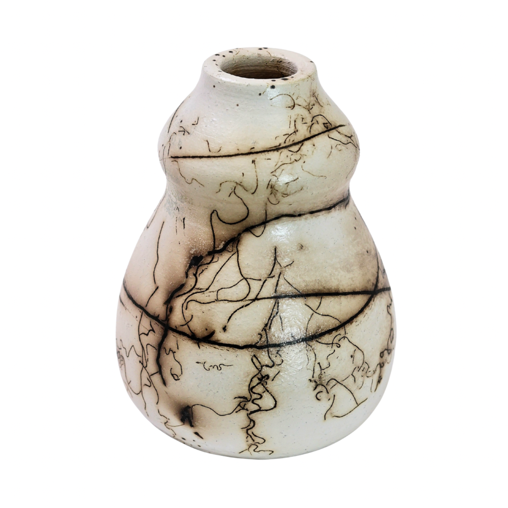 Raku Vase. Small, White/Textured (Horse Hair)