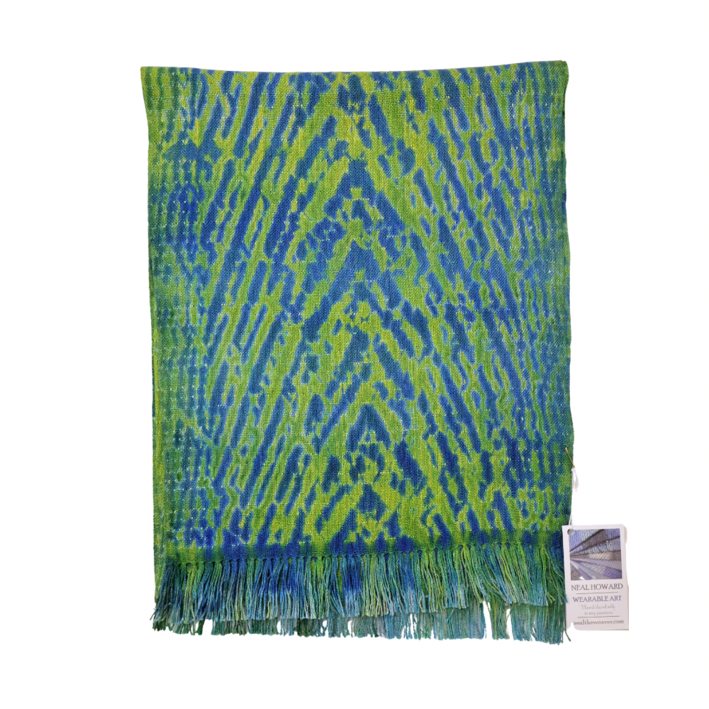 Woven Shibori Scarf 100% Silk - Blu/Grn