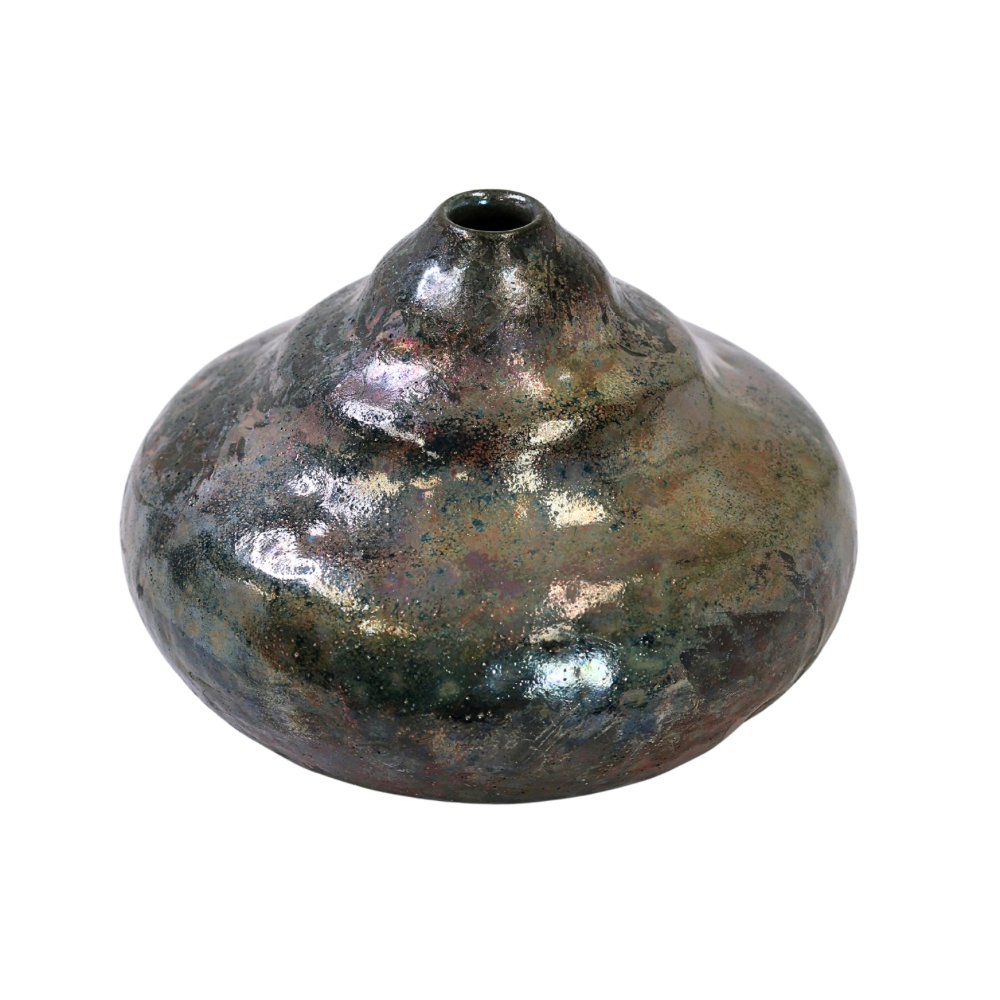Raku Vase. Short, Black/Iridescent