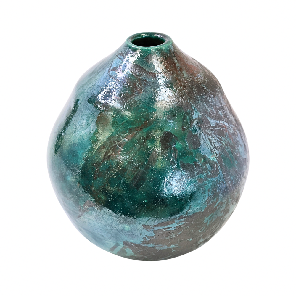 Raku Vase. Medium, Green/Iridescent