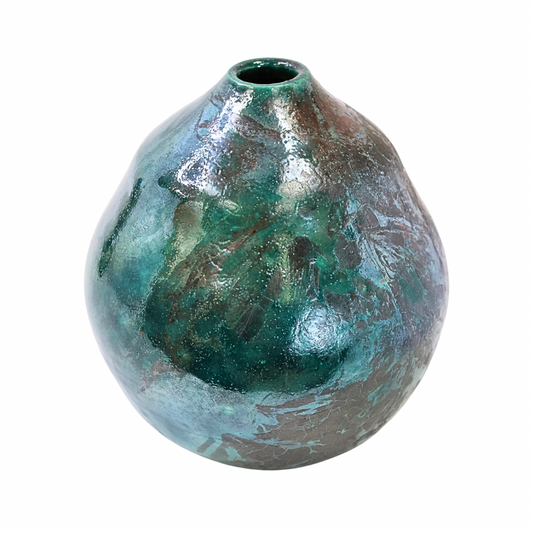 Raku Vase. Medium, Green/Iridescent