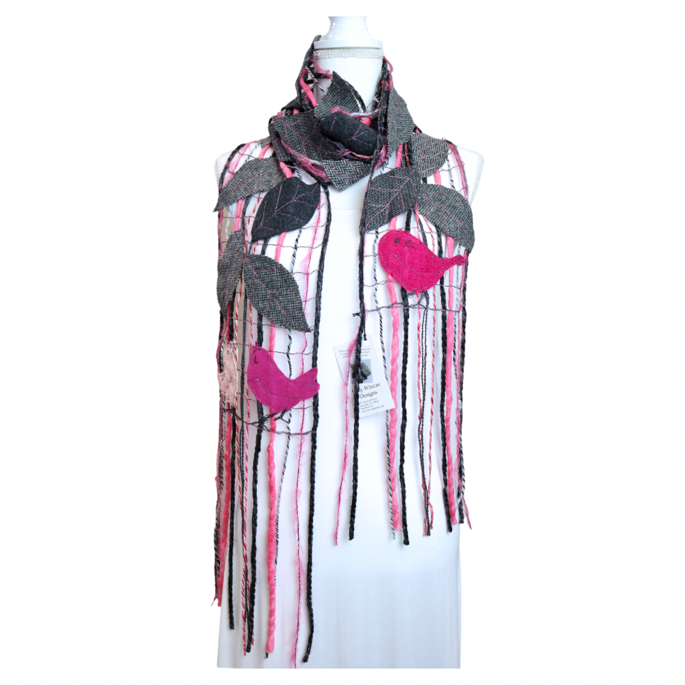 Scarf - Gray Leaves/Pink Birds