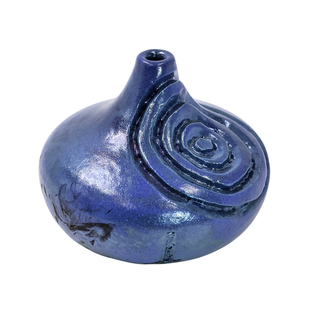 Raku Vase. Short, Blue Spiral
