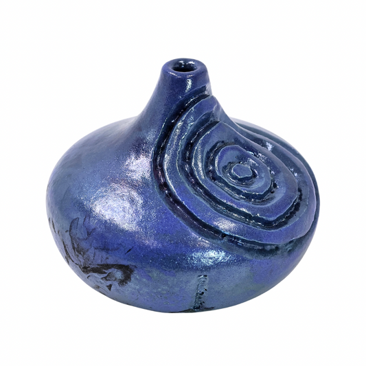 Raku Vase. Short, Blue Spiral