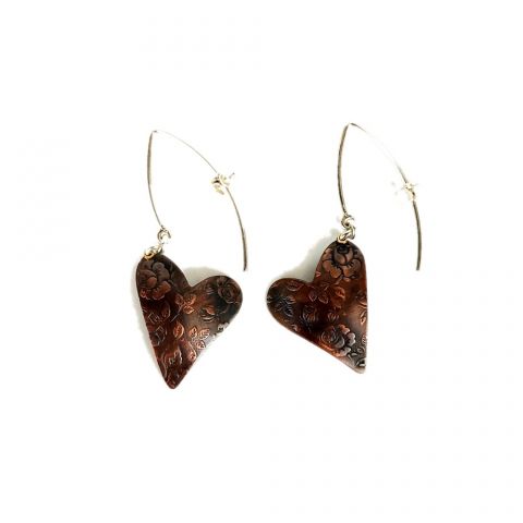 Copper Embossed Rose Heart Earrings